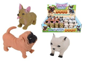 Sand-filled-dogs Image shows 3 toy dogs and an image of various toy dogs in the tray packaging