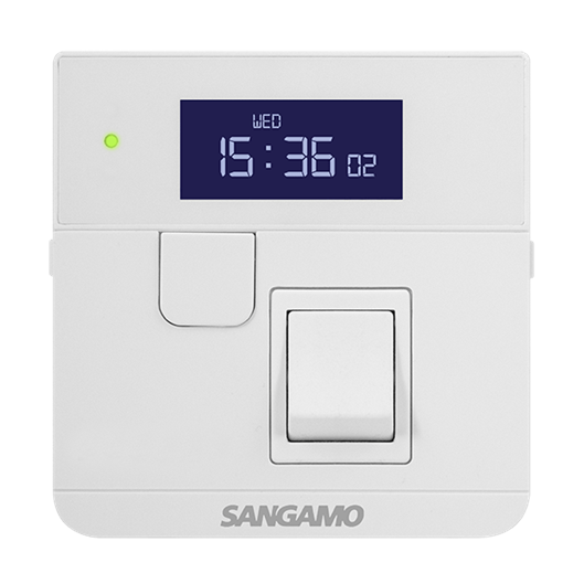 Sangamo Powersaver - 3 Image shows the white variant of the Sangamo Powersaver heating control product with a small screen at the top which shows the day and time as