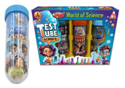Science-Kit Image shows a coloured toy plastic test tube and a box with 3 tubes. Various colours and cartoon characters are on both.