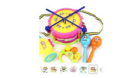 Set of Toy Musical Instruments A group of children's toy instruments, including a yellow and pink drum with navy drum sticks and two shakers which are blue and orange.