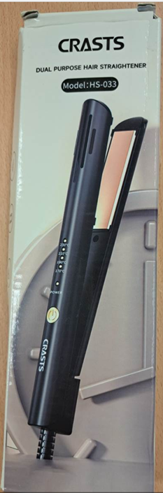 SHEIN_hair_straightener The packaging for the CRASTS hair straightener, featuring an image the hair straightener and a sign which reads