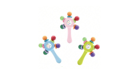 Three baby teether toys. The toys are light blue, pink and light green respectively, each with protruding ball-shaped parts at the top of the toy in multiple colours.