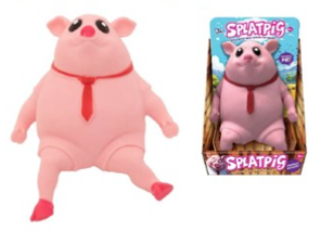 Squeezy-Pig Image shows a squeezy toy pig with a red tie and an image of the product in packaging