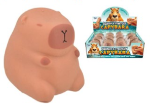 Squishy-Capybara Image shows a squishy toy capybara and an image of many copies of the toy in a display box packaging