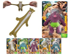 Stretchy-Monster Image shows a stretchy toy being stretched from the arms and from top to bottom and various other stretchy toys in packaging