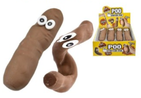 Stretchy-poop-toy image shows brown poop shaped toy with eyes and an an image of various units of the toy in display box packaging