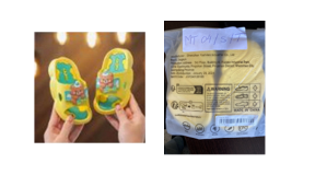 temu sandals image A pair of yellow cartoon-themed sandals for kids, and a picture of the packaging for the sandals.