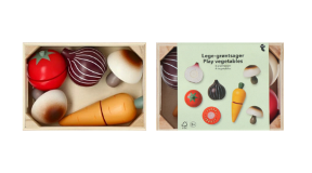 Tiger wooden vegetable set An image of the Flying Tiger wooden vegetable set featuring various wooden vegetables in a box alongside the products packaging.