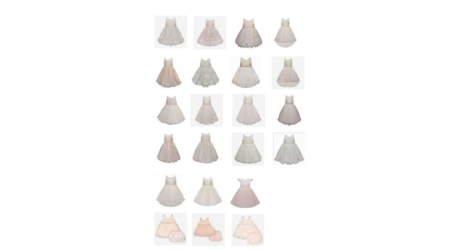 An image of multiple white and pink princess style dresses for children