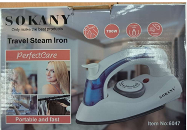 Travel Steam Iron Front of Box with brand SOKANY in top left hand corner with an image of a blue and white stream iron.
