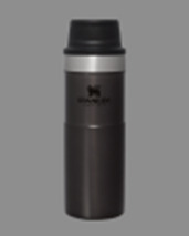 Trigger Action Travel Mug Image shows the Stanley 1913 Trigger Action Mug which is black in colour with a silver ring at the top.