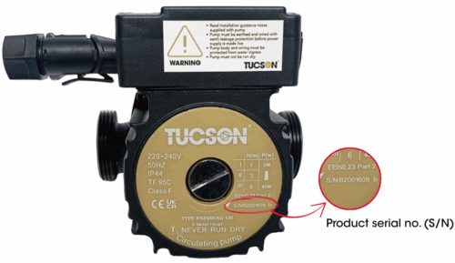 Tucson pump Image of a circulating pump showing how to identify the serial number