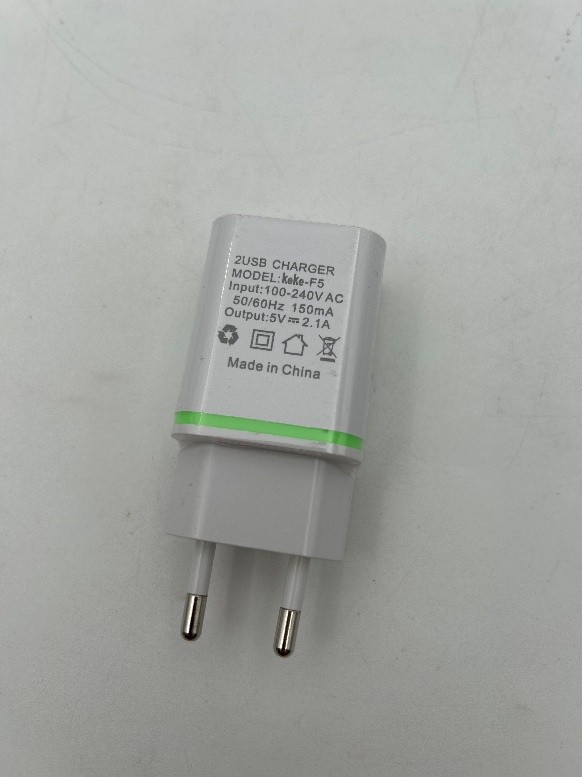 USB-Charger White two-pronged USB charger with no wires on a white background