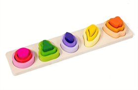 Wooden Shape Sorter and Stacking Toy A wooden shape sorter and stacking toy in multiple colours