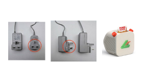 Yoto Player 2nd Generation The Yoto Player 2nd generation alongside two pictures of the plug adapter. Each picture of the plug adapter highlights the adapter with a red circle.